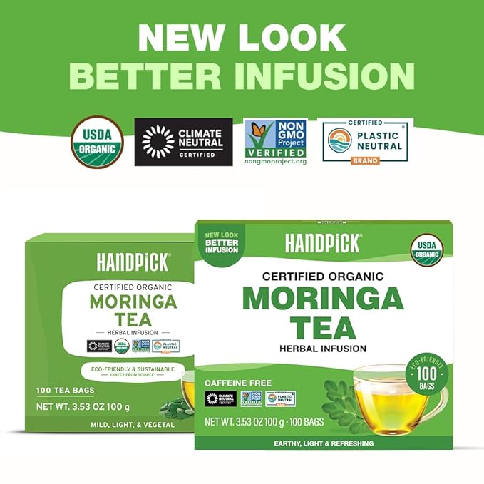 HANDPICK, Organic Moringa Tea Bags (100 Count), Pure Moringa Leaves | Authentic Indian Origin | Caffeine Free, Non GMO | Round Eco-conscious Teabags