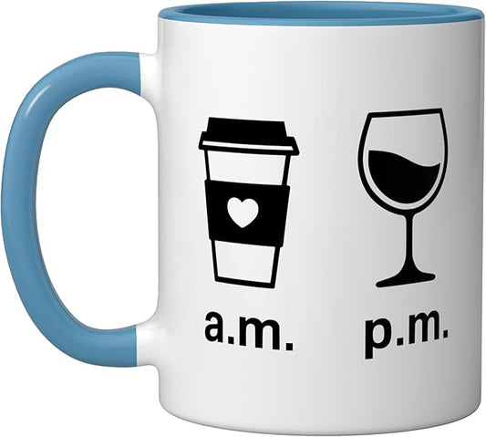 Coffee AM Wine PM - Funny Minimalist Coffee Wine Lover Ceramic Mug, Blue/White