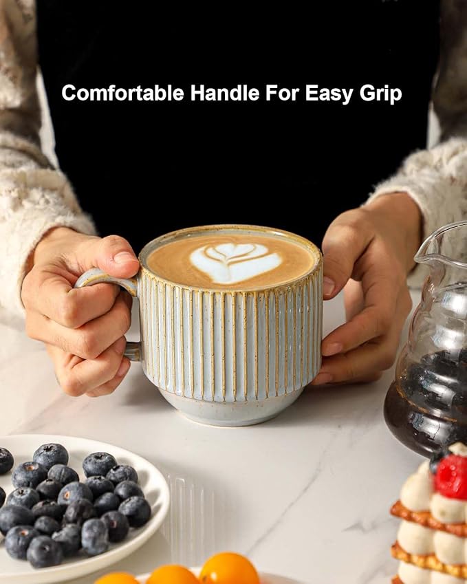 HASENSE Coffee Mug Ceramic Set of 4 with Stand - 15 oz Stackable Large Porcelain Ribbed Latte Cup Set for Cappuccino, Tea, Hot Cocoa, Drinks - Dishwasher & Microwave Safe, Lavender Gray