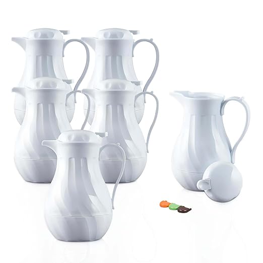OCS Parts Set of 6 Easy Pour Thermal Coffee Carafes | 11-Inch Insulated Hot and Cold Beverage Pitcher Server for Coffee, Tea, Hot Chocolate and Water | 64-Ounce | White
