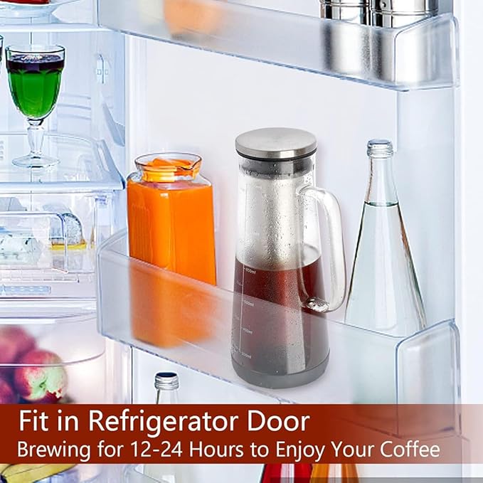 Airtight 1.0L/34oz Glass Carafe Cold Brew Coffee Maker-Iced Coffee Maker Featuring Removable Stainless Steel Tea Infuser Filter