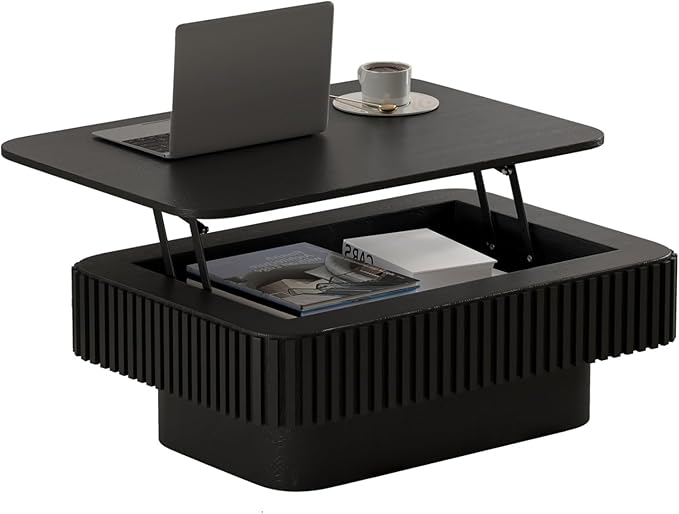 SZTHHDF Lift Top Coffee Table for Living Room,Rectangle Handmade Solid Wood Strips, Fluted Coffee Table with Hidden Storage Compartment for Small Space Office Apartment (38.6"L×26.8''W×13.8''H-Black)