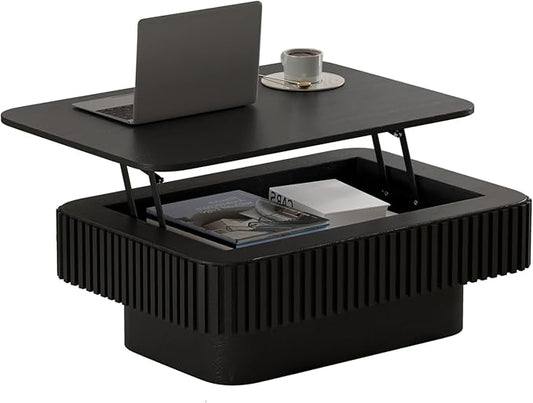 SZTHHDF Lift Top Coffee Table for Living Room,Rectangle Handmade Solid Wood Strips, Fluted Coffee Table with Hidden Storage Compartment for Small Space Office Apartment (38.6"L×26.8''W×13.8''H-Black)