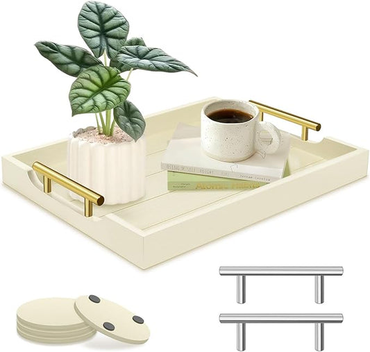 Ottoman Tray for Coffee Table & Couch, Large Wooden Serving Tray with 2 Set of Handles - Modern Farmhouse Rectangle Decorative Tray for Living Room Kitchen Includes 4 Coasters, Off-White/Cream