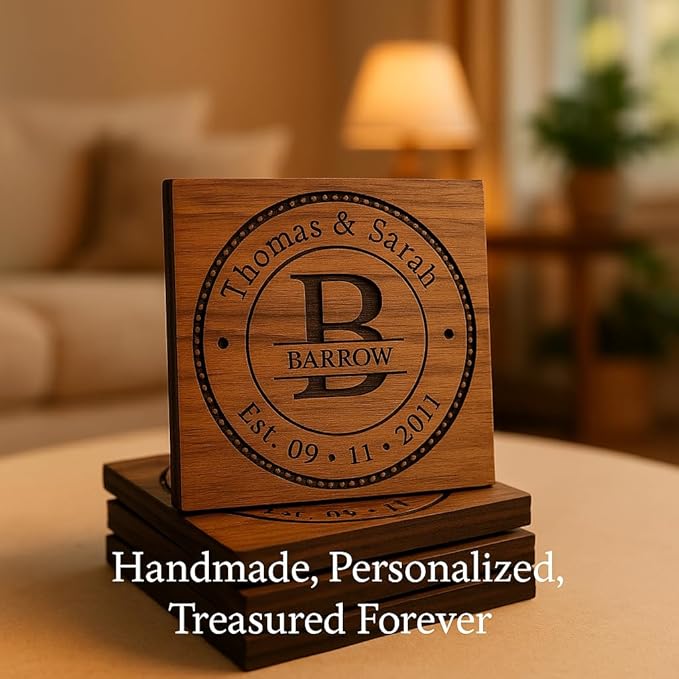 Personalized Coasters for Wedding Gifts, or Personalized Wooden Coaster Sets | Custom Coaster Set Options (2, 4, 6, 8, 16) | Handmade Wooden Coasters Made in The USA