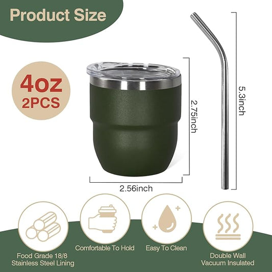 4oz Stackable Cup, Vacuum Insulated Espresso Cup Set of 2, Espresso Shot Glass for Coffee, Double Wall Stainless Steel Mini Tumbler Shot Glasses with Straw and Lid