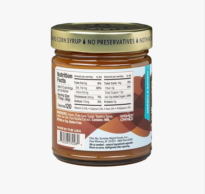 Sunday Night Foods Sea Salt Caramel Sauce, Smooth Buttery Dessert Topping, Made with Fresh Cream and Butter, Contains Milk, Gluten Free, 10oz