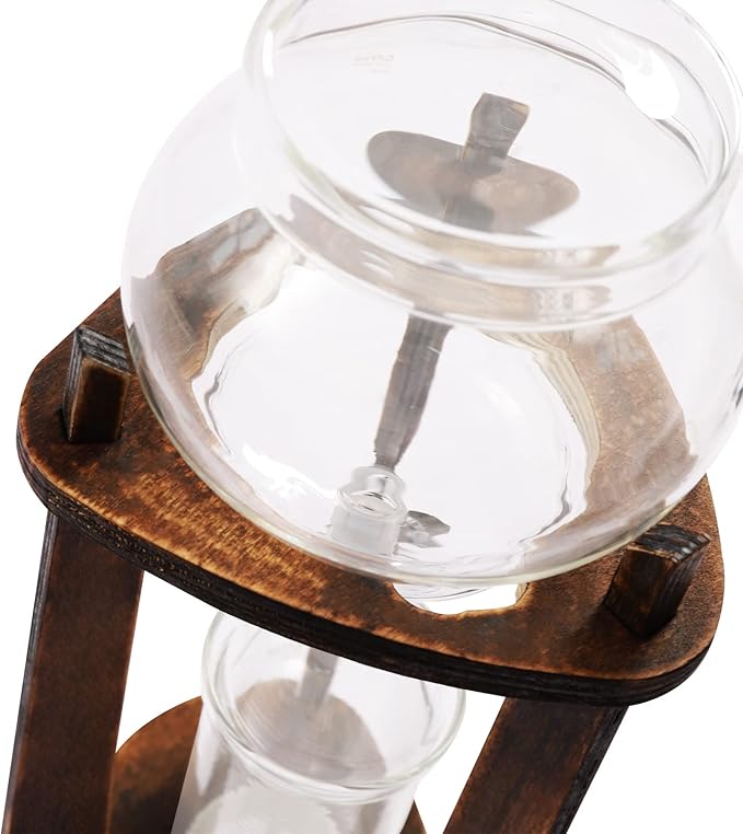 Iced Coffee Cold Brew Drip Tower Coffee Maker, Wooden Ice Coffee Machine, Stainless Steel and Borosilicate Glass, Long Neck Sharing Pot, with Measuring Spoon (Brown)