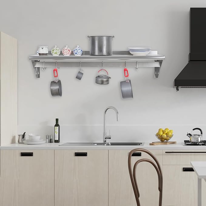 Hally Stainless Steel Shelf with 6 Hooks 14" x 36" Wall Mounted Pot Rack 300lb, NSF Commercial Floating Shelving for Storage Hanging Pots, Pans, cookware in Restaurant, Kitchen, Home and Hotel