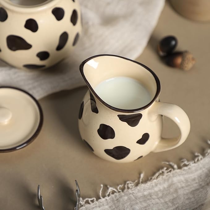 CHOOLD Retro Cow Pattern Creamer and Sugar Bowl Set, Cream Pitcher, Sugar Bowl with Lid, Coffee Serving Set
