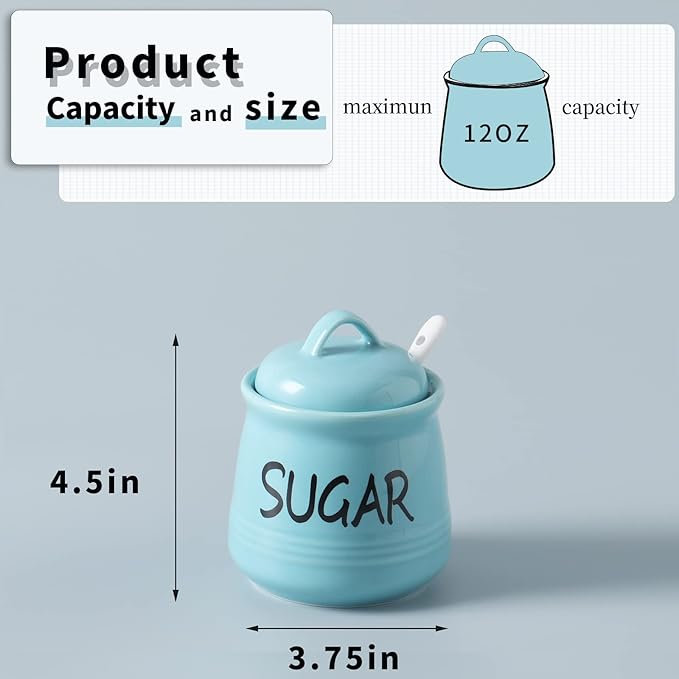 HAOTOP Porcelain Sugar Bowl with Lid and Spoon 12oz (Turquoise)