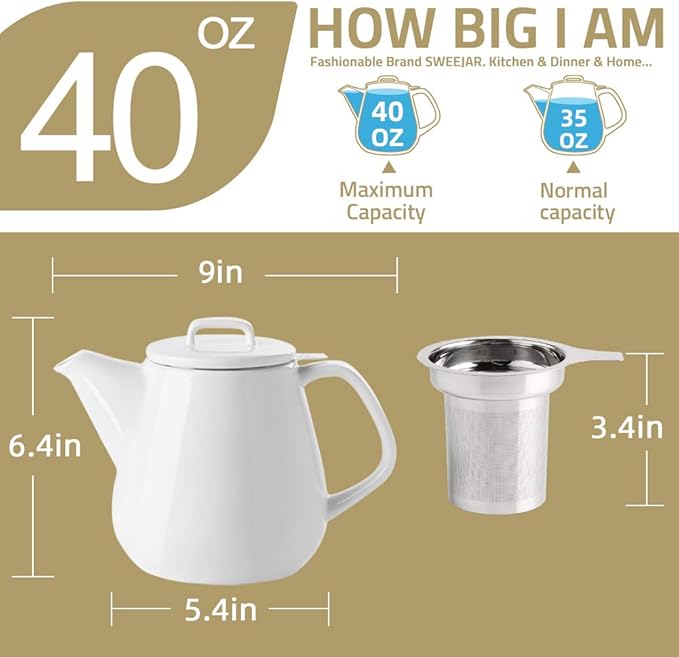 Sweejar 40oz Tea pot with Removable Stainless Steel Infuser,Dishwasher Safe Tea Pots for Loose Tea,Tea Pots with Infuser for Chrismas Women Gift(Turquoise)