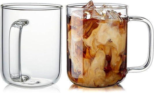 Glass Coffee Mugs, 12 oz iced coffee cups, Clear Tea Cups Set of 2, Glass Mugs with Handles, Glass Cups for Latte, Cappuccino, and Tea