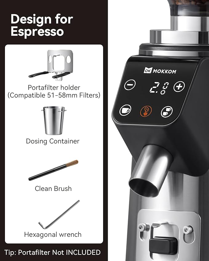 MOKKOM Professional 64mm Plated Flat Burr Coffee Grinder with 100 Grind Settings, All-Metal Stainless Steel Body, Coffee Bean Grinder with Adjustable Electronic Timer, Anti-Static, LED Display