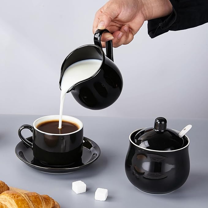 12 OZ Ceramic Sugar and Creamer Set, Coffee Serving Set, 3 Piece Cream Pitcher Sugar Bowl with Lid and Spoon (Black)