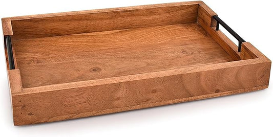 Tray with Metal Handles Acacia Wood Serving Tray Decorative Ottoman Coffee Table Tray for Living Room Kitchen Food Tray (15" X 10" X 1.6")