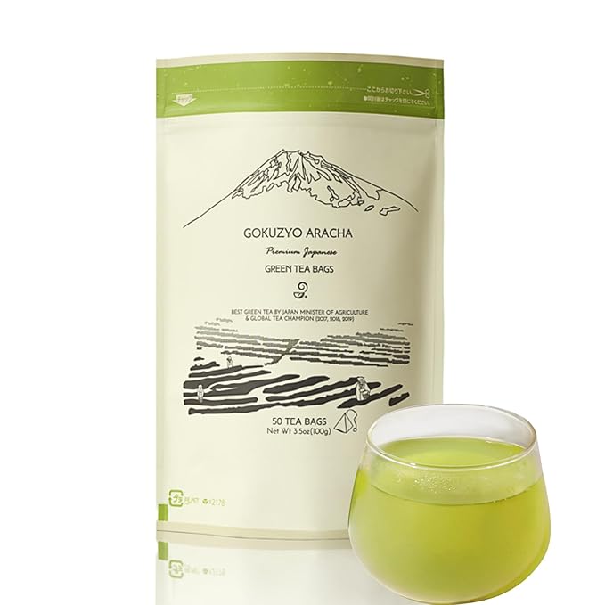 Japanese Green Tea Co. Aracha Gokuzyo Japanese Green Tea Bags (50 Pack) Soilon Pyramid Sachets, Premium Loose-Leaf Quality in Convenient Teabags, Rich Aroma & Flavor, Hot & Cold Brew