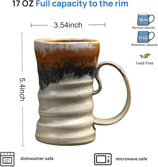 17oz Large Unique Cool Tall Handmade Ceramic Coffee Mug with Comfortable Big handle, Big Pottery Tea Mug, Artisanal Stoneware Coffee cup, Rustic Lead-free Tea Cups, Microwave safe,Biege and Brown