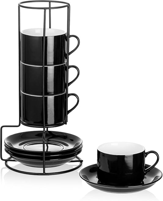 Meichu 8oz Porcelain Stackable Cappuccino Cups with Saucers and Metal Stand Set of 4, Cappuccino Cups Set of 4, Black Coffee Cups for Espresso, Specialty Coffee Drinks, Latte, Americano and Tea