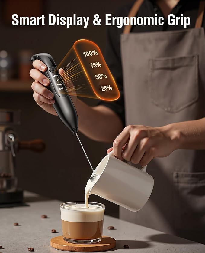Electric Milk Frother Handheld: coffee frother rechargeable 3 in 1 - LED Display, Wireless Charging - 3 Speeds, Stainless Steel Whisk for Latte, Cappuccino - Jet Black
