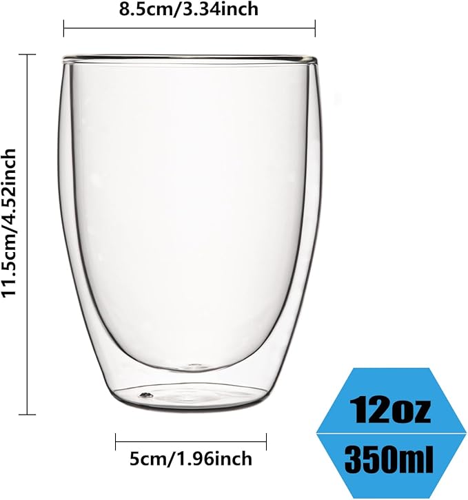 5.5oz Glass Coffee Mugs Set of 2, Double Walled Espresso Cups for Latte Cappuccino Cocoa Milk Cafe Juice, Clear Glass Tea Cup Set Glassware Gift for Christmas Birthday (12oz-4Pack)
