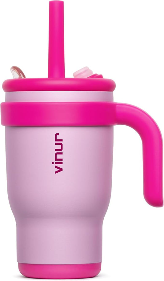 VINUR Kids Tumbler with Handle -14 oz Stainless Steel Vacuum Insulated Leak Proof Travel Tumbler with 2-in-1 Straw Lid-Gifts for Girls, Purple Pink
