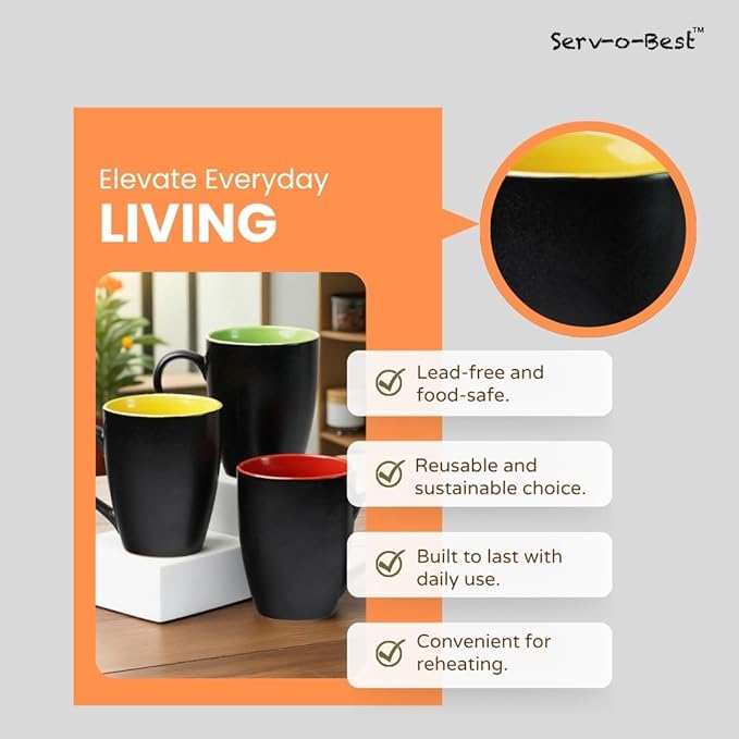 Servo Best Black Coffee Mugs 12 oz, Set of 6 Matte Black Outside and Multicolour Inside Ceramic Mugs - Lead & Toxic Free, Dishwasher & Microwave Safe, Perfect for Home & Office Use