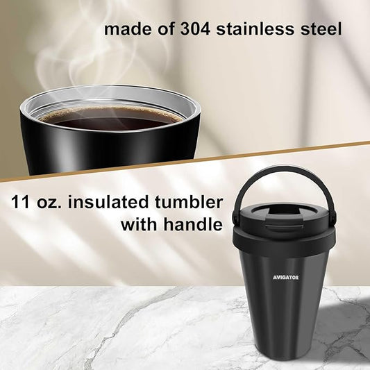 Single Serve Coffee Maker with 11oz. Travel Coffee Mug Stainless Steel, Brew Strenth Adjustable, Permanent Filter, Black