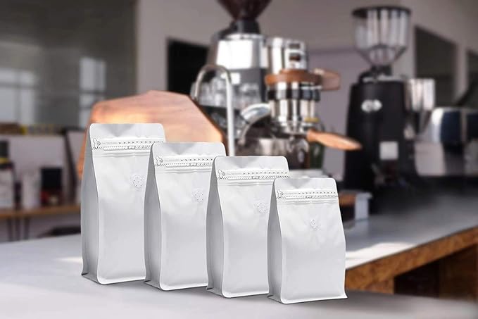 100 Pieces 16 Ounce White Kraft Paper Coffee Bags, Stand Up Coffee Pouches with One Way Degassing Valve and Reusable Side Zipper (Pull Tab to Open) Flat Bottom - Stand Up Well (16oz, 1lb, 454gram)