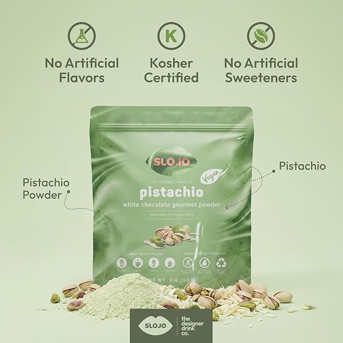 SLOJO Pistachio White Chocolate Powder - Premium Drink Mix for Hot & Cold Beverages, Gourmet Powder, Vegan, Drink Mix for Frozen or over Iced Frappes, Lattes, Iced Coffees, Milkshakes and Desserts, 14-Pound Box