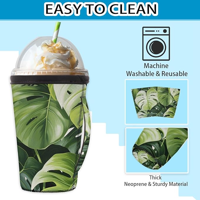 Tropic Palm Leaves Reusable Insulator Coffee Sleeves for Drinks Beverages,Tropical Plants Neoprene Holder with Handle for Most Coffee or Ice Drink, 30-32oz