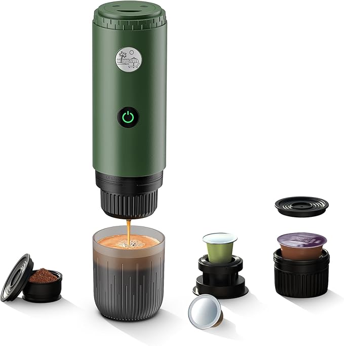 BENFUCHEN 3 in 1 Portable Electric Espresso Machine for Nespresso Capsule, Travel Coffee Maker with Ground Coffee for Camping, RV, Hiking, Office,Car Coffee Maker Self-Heating with USB-C (Green)