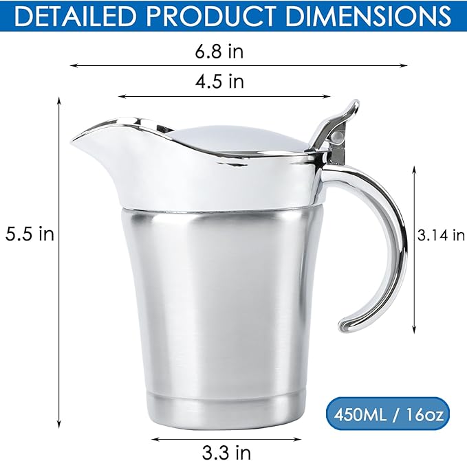 Double Insulated Gravy Boat, 18/8 Stainless Steel Sauce Jug Gravy Boat with Hinged Lid - Ideal for Gravy or Cream at Thanksgiving, Halloween, Christmas, Dishwasher safe (450ML/16 OZ)