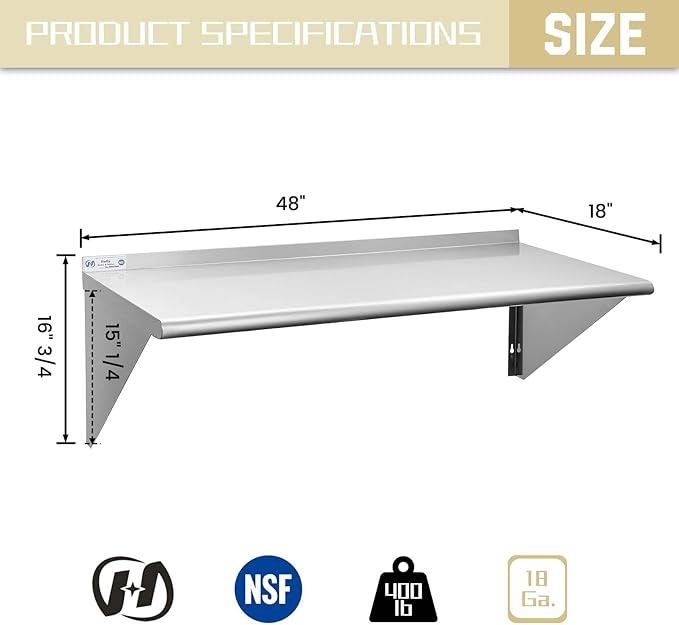 HALLY SINKS & TABLES H Stainless Steel Shelf 18 x 48 Inches, 400 lb, Commercial Wall Mount Floating Shelving for Restaurant, Kitchen, Home and Hotel