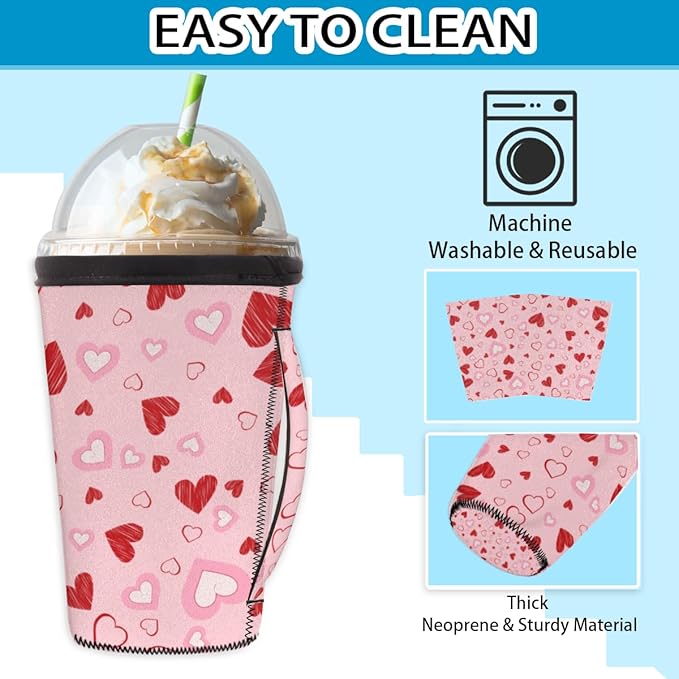 Pink White Hearts Reusable Coffee Sleeves Iced Coffee Cozy Insulator,Valentine's Day Neoprene Holder with Handle for Cold Coffee or Ice Drink, Small 16-18oz