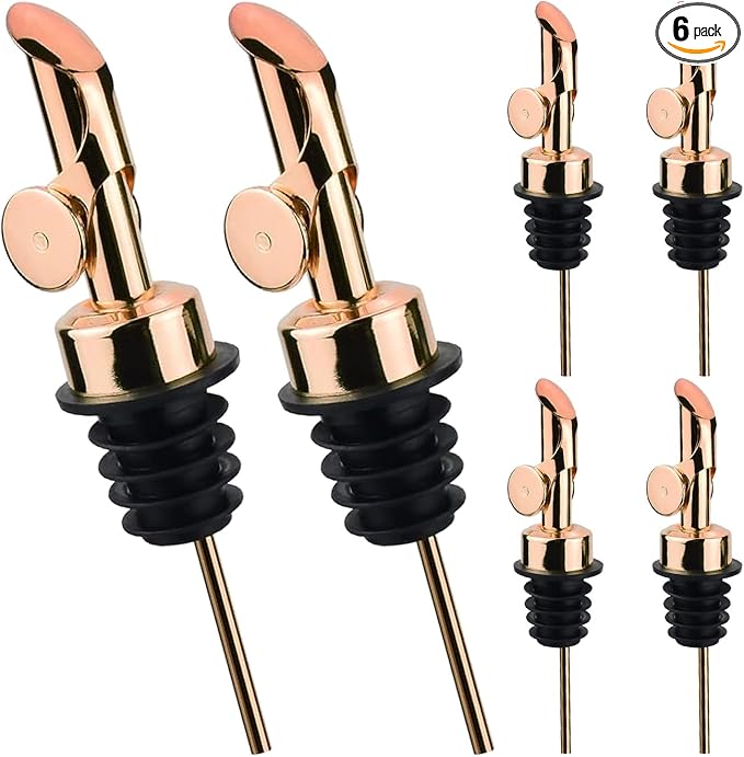 Pafusen 6 Pack Auto Flip Olive Oil Dispenser, Liquor Pour Spout, Oil Dispenser for Kitchen, Easily Turn Your Bottles into Dispensers for Liquor, Coffee Syrup or Oils, Weighted Pourer, Rose Gold