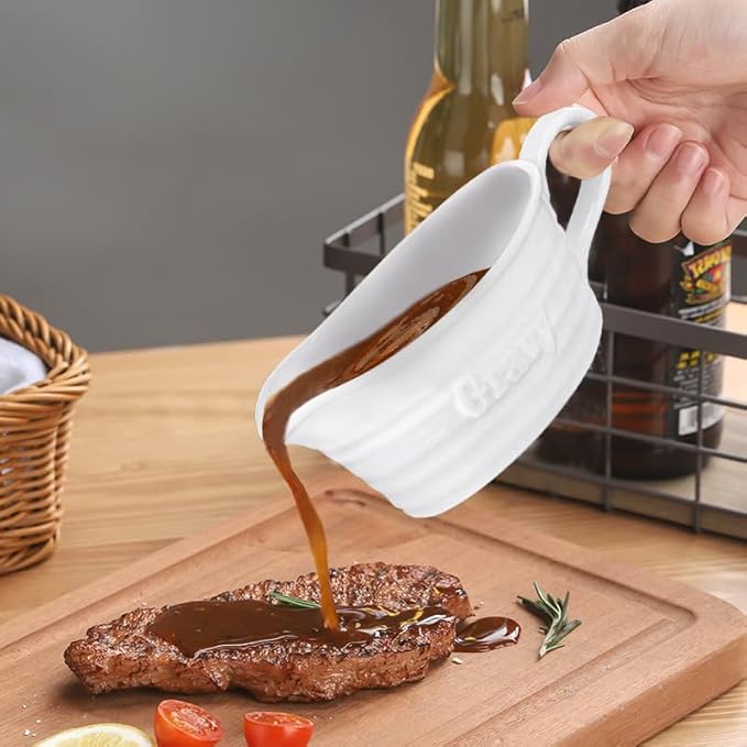 Qlans Large 18 Oz eramic Gravy Boat, with Big Dripless Lip Spout,，Serving Dispenser, Porcelain Pitcher for Sauces, Dressings and Creamer, Large Handle, Microwave and Dishwasher Safe,