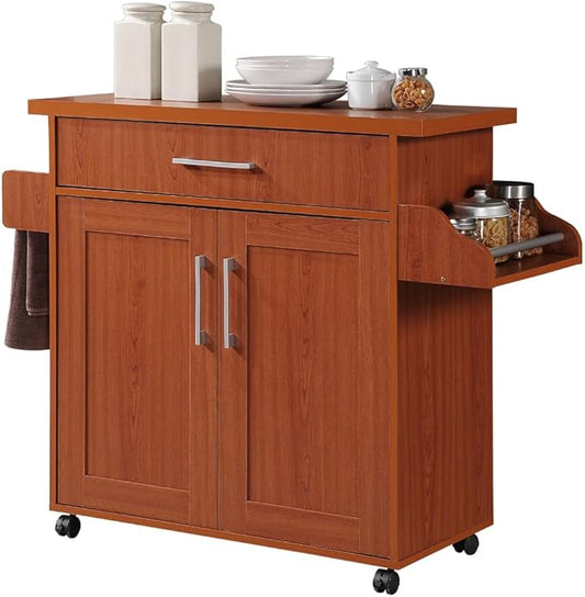 Hodedah Rolling Wood Kitchen Island Cart with Spice Rack, Towel Rack, Utensil Drawer plus Cabinet, White with Beech Top