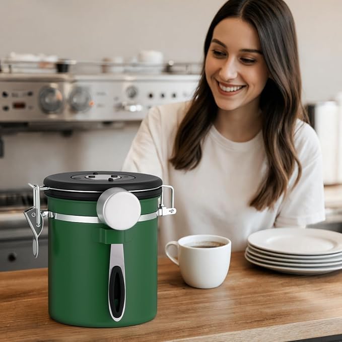 ShanSon Coffee Canister Airtight Coffee Container Stainless Steel Coffee Bean Storage Container with Scoop Coffee Canister for Beans Grounds Sugar Flour Tea Cereal,11OZ, Dark Green