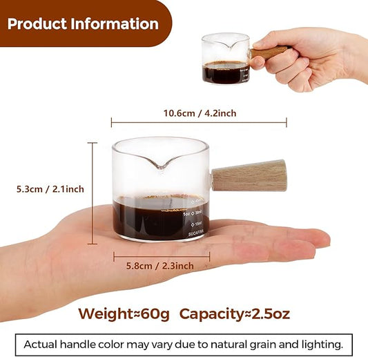 YARRAMATE 2.5 oz/75ML Espresso Shots Cup with Wood Handle (2 Pack), Clear Glass Espresso Measuring Cup, Espresso Shot Glass with Single Spout and Scale, Dishwasher Safe