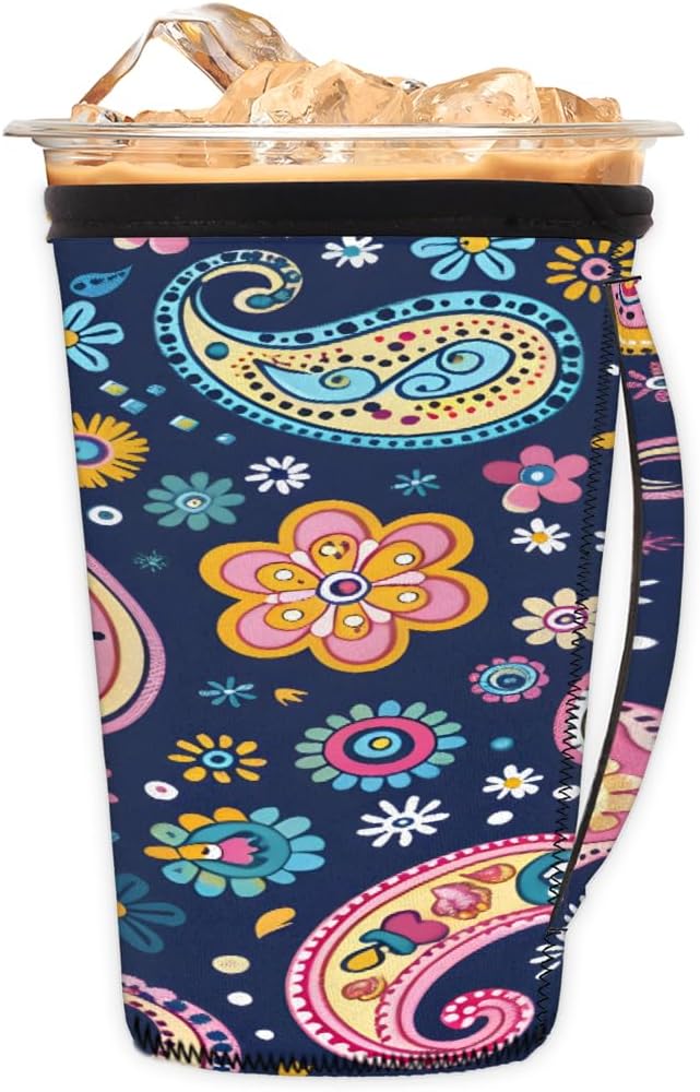Reusable Iced Coffee Cup Sleeve Paisley Neoprene Insulated Sleeves Cup Holder with handle Idea for 24oz - 28oz