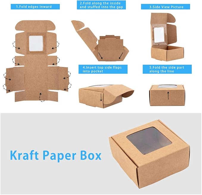 BENECREAT 30 Packs 2.5x2.5x1.2inch Square Brown Kraft Paper Boxes Gift Candy Boxes with Clear Window for Wedding Party Favor Treats, Bakery and Jewelry, Festival Gift Packaging