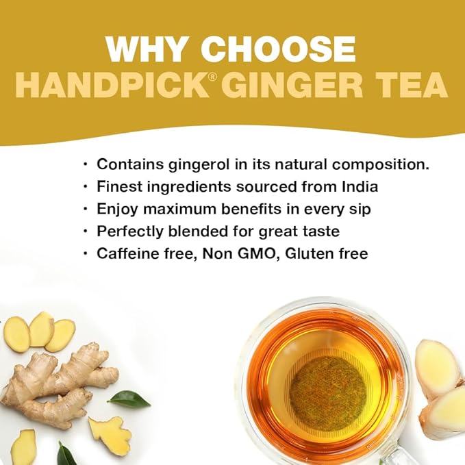 HANDPICK, Organic Ginger Tea Bags (100 Herbal Tea Bags), Caffeine Free & 100% Pure Ginger Root |Soothing & Spicy Blend | Round Eco Conscious Teabags