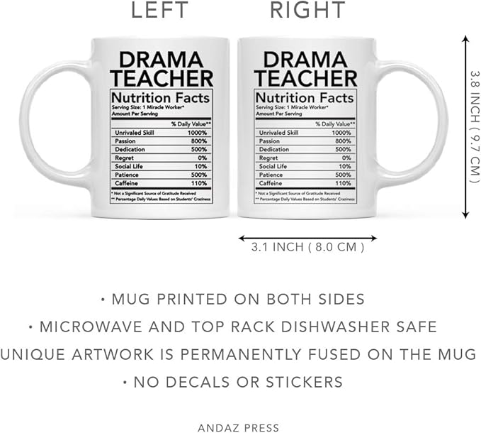 Andaz Press Funny 11oz. Ceramic Coffee Tea Mug Thank You Gift, Drama Teacher Nutritional Facts, 1-Pack
