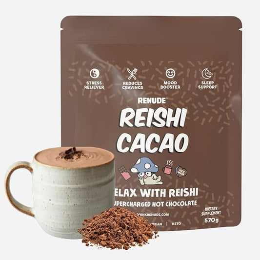Renude Reishi Cacao - Mushroom Hot Chocolate, Coffee Alternative, Mushroom Drink, Cacao Powder, Hot Cocoa Mix with Reishi, Sleep Support, Organic Ingredients - 30 Servings
