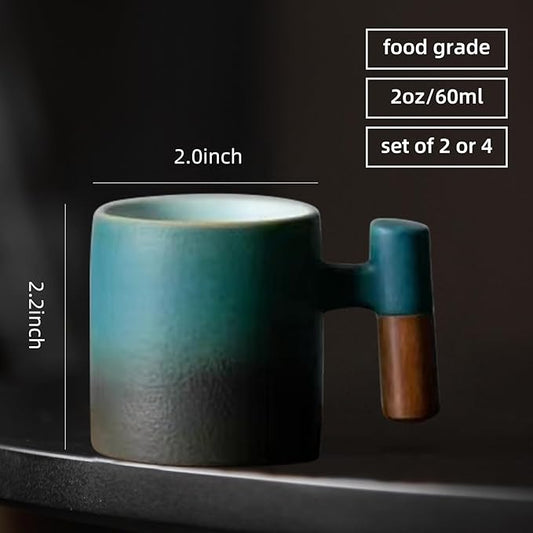 2oz Ceramic Espresso Cups set of 2, Espresso Cups with Wooden Handle, Demitasse Cups for Coffee or Tea (blue black, Wooden Handle2)