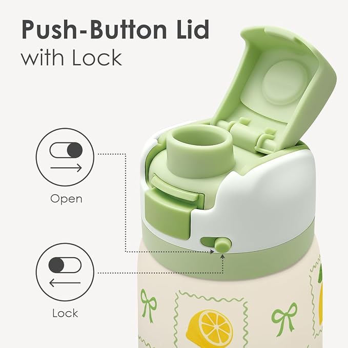 Lemon Stainless Steel Water Bottle, Vacuum Insulated, Push-Button Lid, 32 oz, Gifts for Women Girls Friends Teens Birthday Christmas
