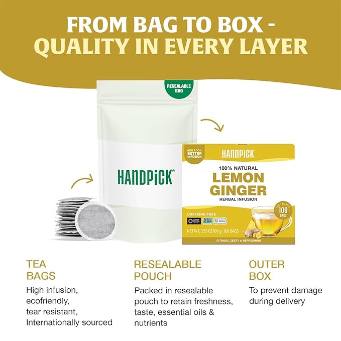 HANDPICK, Lemon Ginger Herbal Tea - 100 Pyramid Tea Bags | 100% Natural Ingredients, Tasty & Citrusy Hand-made Blend of Lemon & Ginger | Caffeine Free, Gluten Free | No Artificial Ingredients