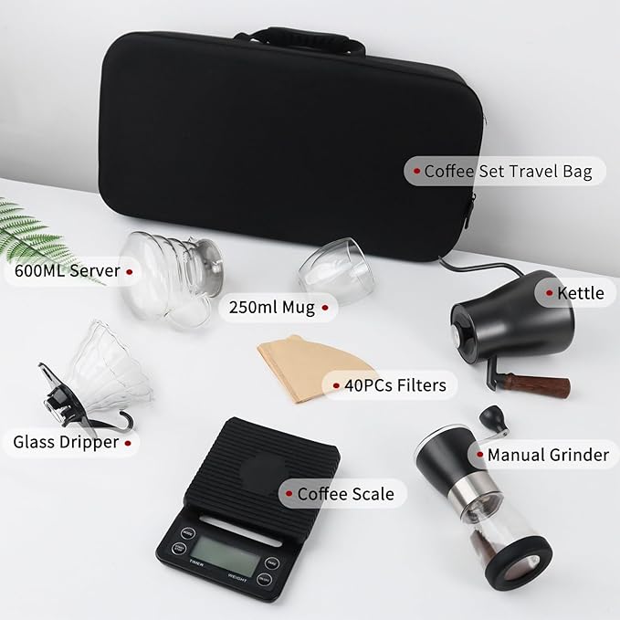 Pour Over Coffee Maker Set, Portable coffee Set - Manual Coffee Grinder, Coffee Dripper Set, Gooseneck Kettle，two cups, suitable for Camping, RV, Home, and Office