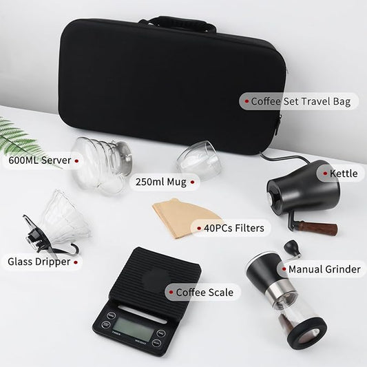 Pour Over Coffee Maker Set, Portable coffee Set - Manual Coffee Grinder, Coffee Dripper Set, Gooseneck Kettle，two cups, suitable for Camping, RV, Home, and Office